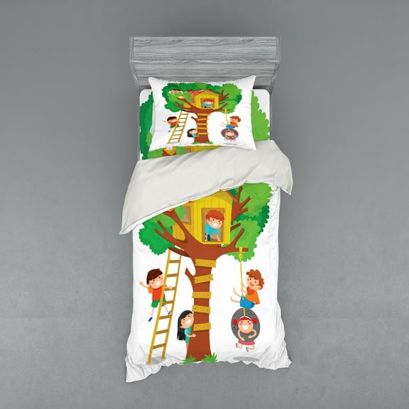Ambesonne Cartoon Bedding Set 3 Pcs, Boys Girl in a Tree House, Twin, Multicolor