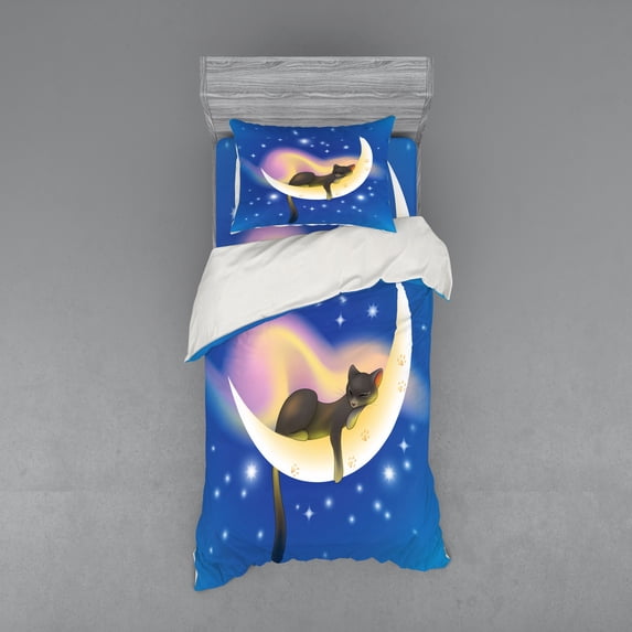 Ambesonne Cartoon Bedding Set 3 Pcs, Cat, Twin, Yellow Blue