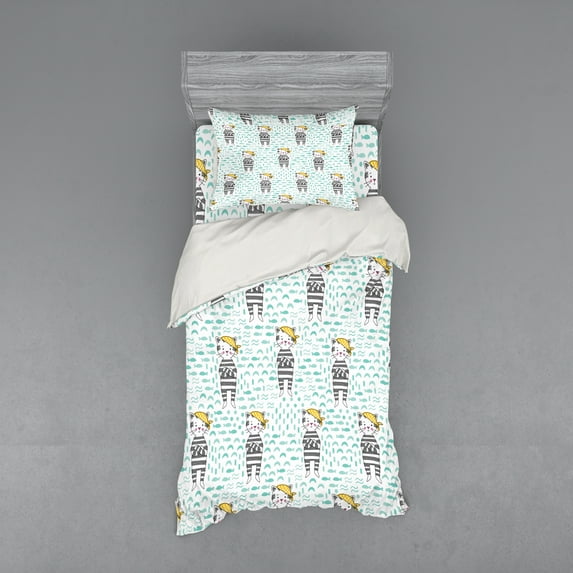 Ambesonne Cartoon Bedding Set 3 Pcs, Cats with Bandana, Twin XL, Pale Green Yellow