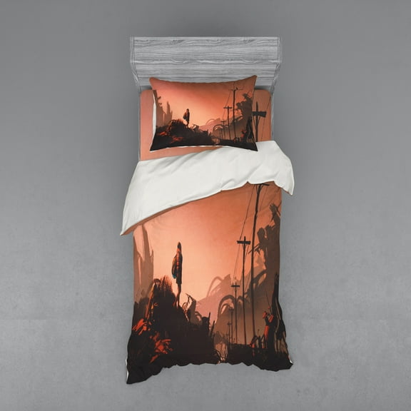 Ambesonne Cartoon Bedding Set 3 Pcs, City Scene Abandoned, Twin, Pink Red