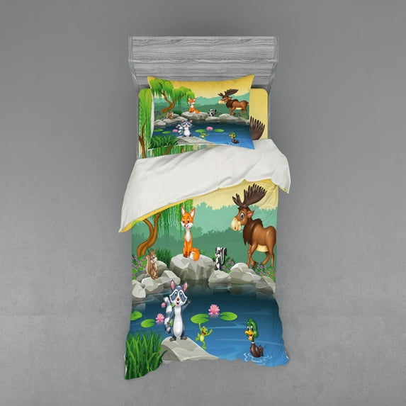 Ambesonne Cartoon Bedding Set 3 Pcs, Colorful Scene of Animals, Twin, Lime Green and Multicolor