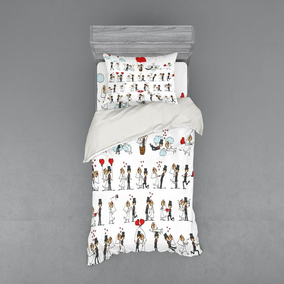 Ambesonne Cartoon Bedding Set 3 Pcs, Couple on Clouds, Twin, Red Mint Green Grey