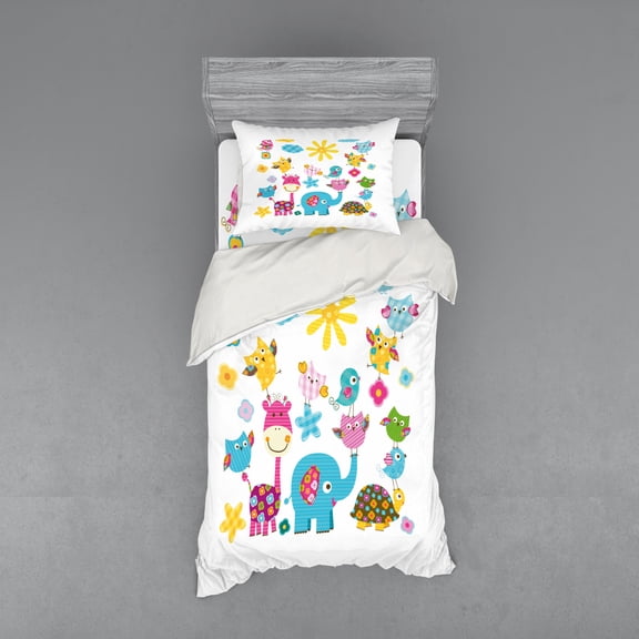 Ambesonne Cartoon Bedding Set 3 Pcs, Dancing Characters, Twin, Sky Blue Pink Marigold