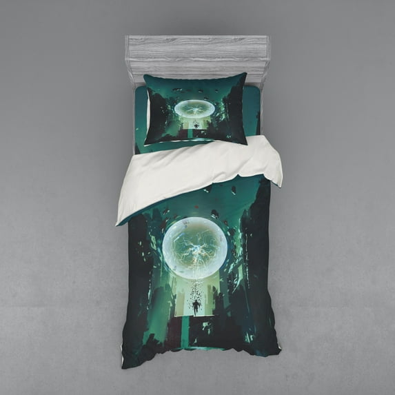 Ambesonne Cartoon Bedding Set 3 Pcs, Dark Magic Fiction City, Twin, Teal Black