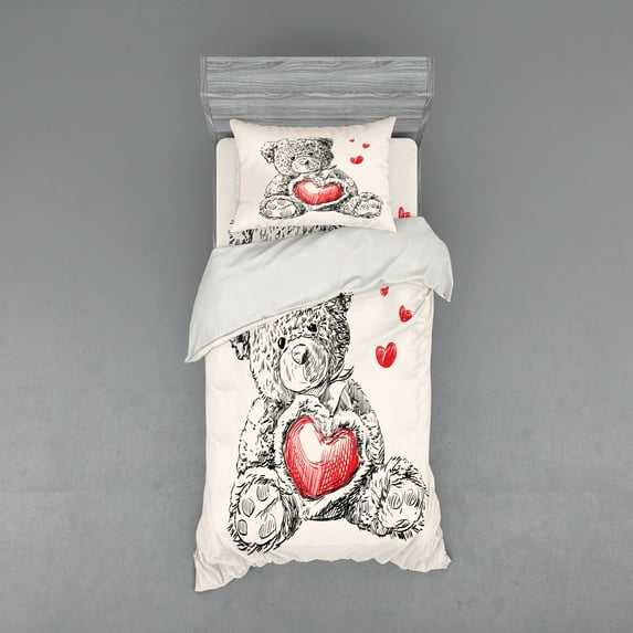 Ambesonne Cartoon Bedding Set 3 Pcs, Detailed Teddy Bear, Twin, Red Black White