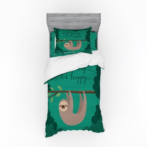 Ambesonne Cartoon Bedding Set 3 Pcs, Do Not Hurry Be Happy Text, Twin, Multicolor