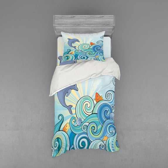Ambesonne Cartoon Bedding Set 3 Pcs, Dolphin Ocean, Twin XL, Multicolor