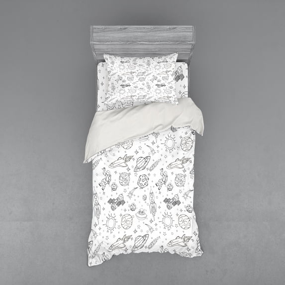 Ambesonne Cartoon Bedding Set 3 Pcs, Doodle Solar System Space, Twin XL, White Black