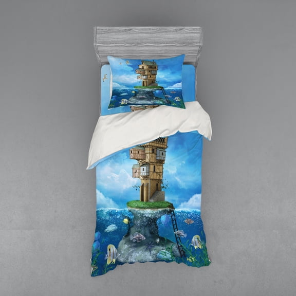 Ambesonne Cartoon Bedding Set 3 Pcs, Fantasy Fisherman House, Twin XL, Blue Brown Green