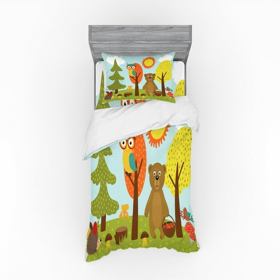 Ambesonne Cartoon Bedding Set 3 Pcs, Forest Animals, Twin XL, Multicolor