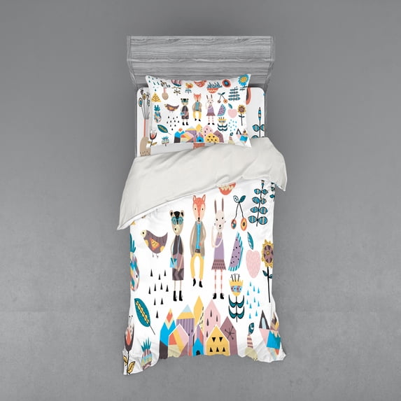 Ambesonne Cartoon Bedding Set 3 Pcs, Fox Bunny and Bear, Twin, Multicolor