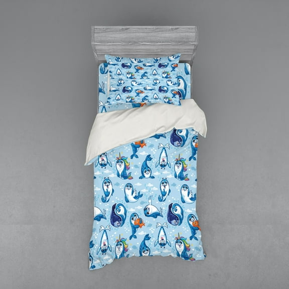 Ambesonne Cartoon Bedding Set 3 Pcs, Friendly Seal, Twin XL, Blue White Marigold