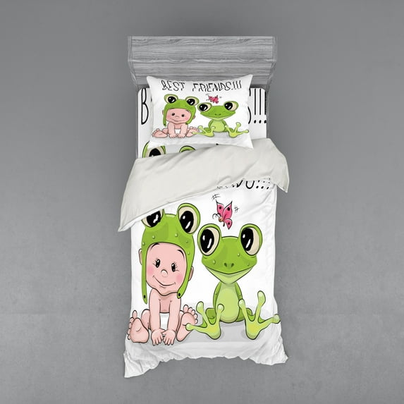 Ambesonne Cartoon Bedding Set 3 Pcs, Frog Love Friends, Twin, White Cream Green