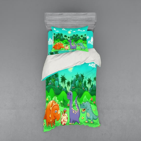Ambesonne Cartoon Bedding Set 3 Pcs, Funny Dinosaurs, Twin XL, Multicolor