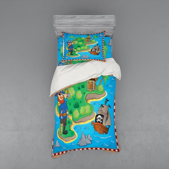 Ambesonne Cartoon Bedding Set 3 Pcs, Funny Pirate Ship Island, Twin, Multicolor
