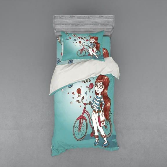 Ambesonne Cartoon Bedding Set 3 Pcs, Girl with Bike, Twin XL, Dried Rose and Pale Blue