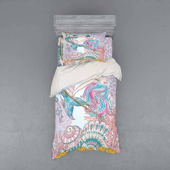 Ambesonne Cartoon Bedding Set 3 Pcs, Greek Myth Seashell, Twin, Pink Blue