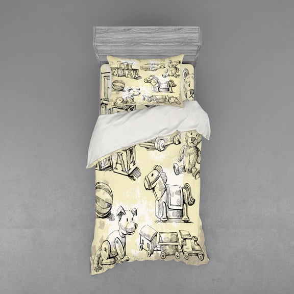 Ambesonne Cartoon Bedding Set 3 Pcs, Hand Drawn Teddy Bear, Twin, Beige Black