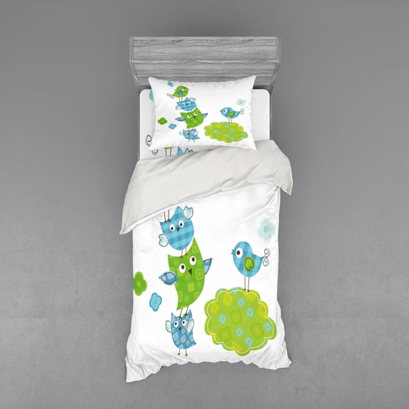 Ambesonne Cartoon Bedding Set 3 Pcs, Happy Animals Playing, Twin XL, Lime Green Blue