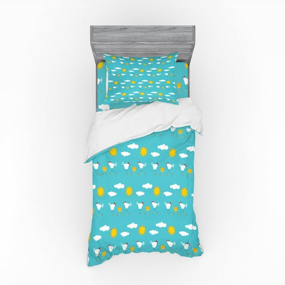 Ambesonne Cartoon Bedding Set 3 Pcs, Happy Funny Farm Morning, Twin XL, Aqua Orange White