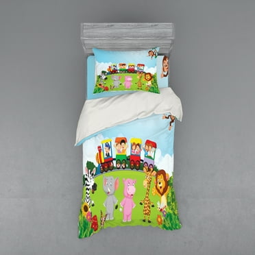 Ambesonne Cartoon Bedding Set 3 Pcs, Happy Savannah Forest Train, Twin, Multicolor