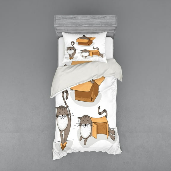 Ambesonne Cartoon Bedding Set 3 Pcs, Kitten Cat in the Box, Twin XL, Sand Brown Warm Taupe