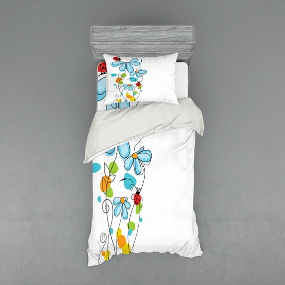 Ambesonne Cartoon Bedding Set 3 Pcs, Ladybugs Flowers, Twin, Multicolor