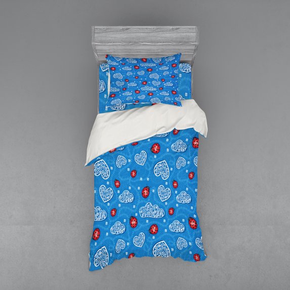 Ambesonne Cartoon Bedding Set 3 Pcs, Ladybugs Hearts Clouds, Twin XL, Blue Red