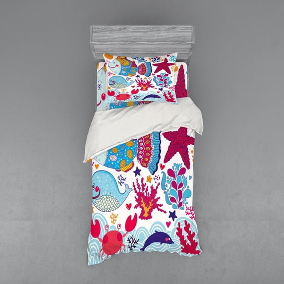 Ambesonne Cartoon Bedding Set 3 Pcs, Marine Ocean Life, Twin XL, Multicolor