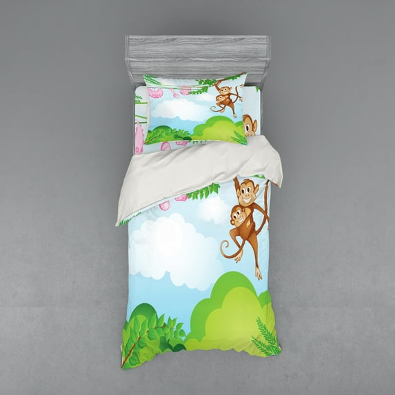 Ambesonne Cartoon Bedding Set 3 Pcs, Monkey Swinging, Twin, Green Brown Pink