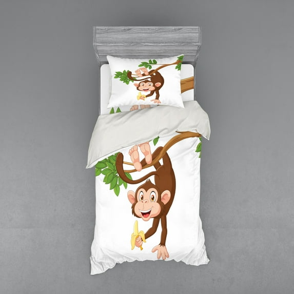 Ambesonne Cartoon Bedding Set 3 Pcs, Monkey with Banana Tree, Twin XL, Chocolate White