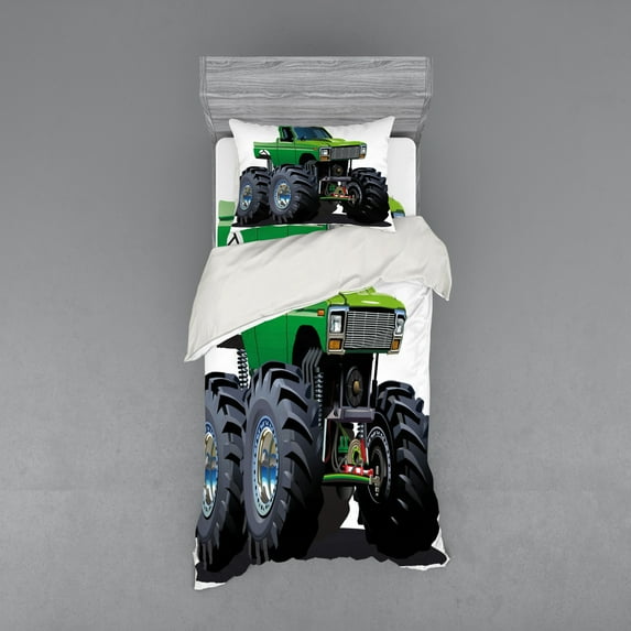 Ambesonne Cartoon Bedding Set 3 Pcs, Monster Pickup Truck, Twin XL, Green Grey