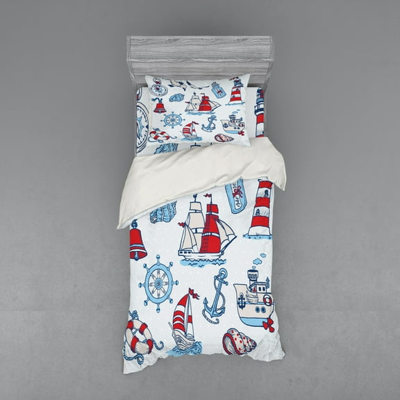 Ambesonne Cartoon Bedding Set 3 Pcs, Nautical, Twin, Blue Red
