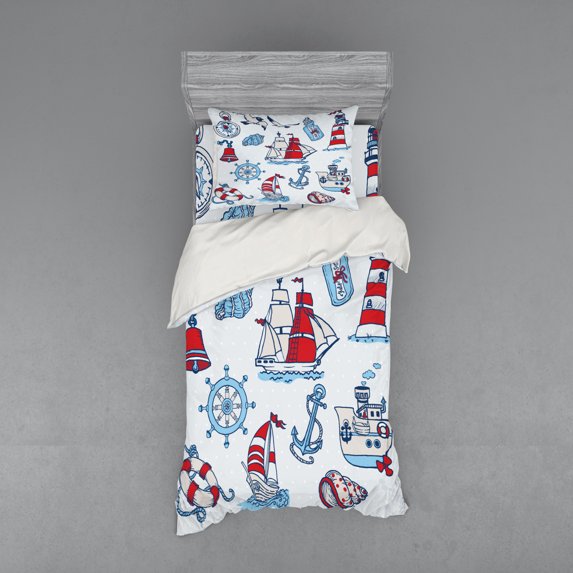 Ambesonne Cartoon Bedding Set 3 Pcs, Nautical, Twin, Blue Red