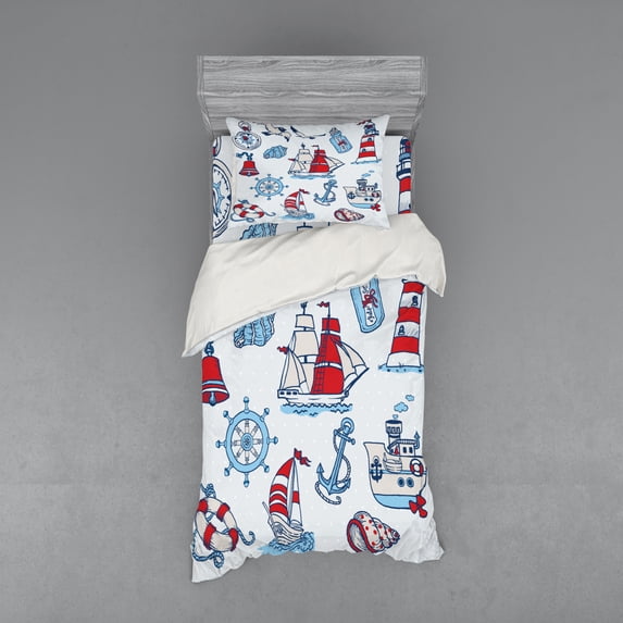 Ambesonne Cartoon Bedding Set 3 Pcs, Nautical, Twin XL, Blue Red