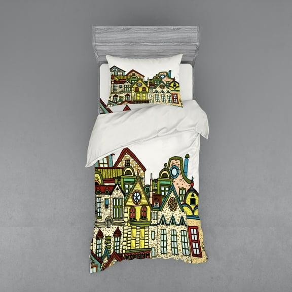 Ambesonne Cartoon Bedding Set 3 Pcs, Old Town View Art, Twin XL, Green Beige