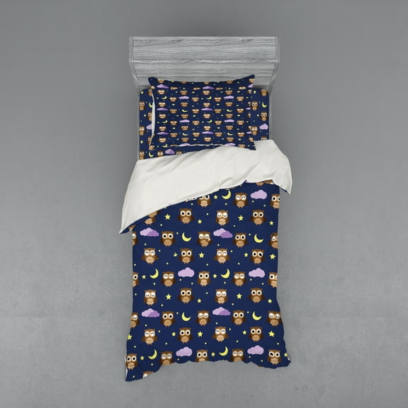Ambesonne Cartoon Bedding Set 3 Pcs, Owls Starry Night, Twin XL, Indigo and Multicolor