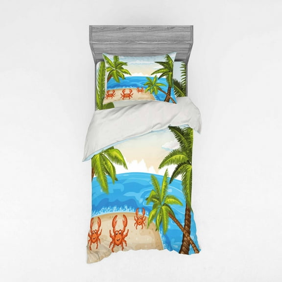 Ambesonne Cartoon Bedding Set 3 Pcs, Palm Trees and Crabs, Twin XL, Aqua Beige