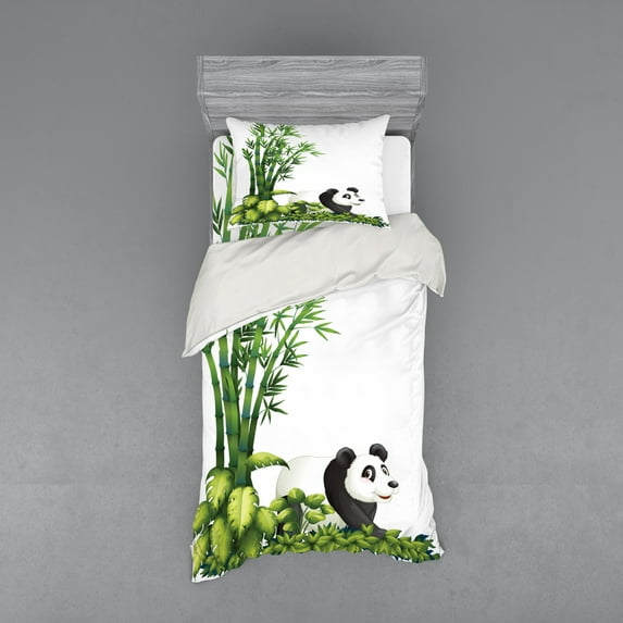 Ambesonne Cartoon Bedding Set 3 Pcs, Panda Bear Funny Forest, Twin, White Black and Green