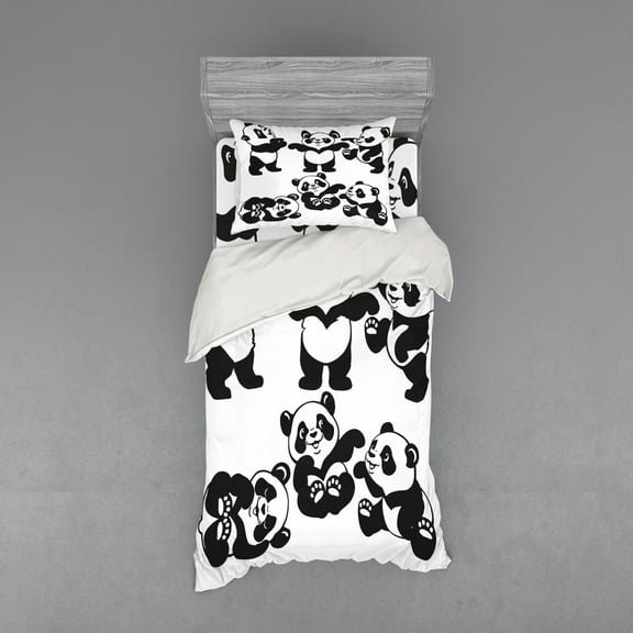 Ambesonne Cartoon Bedding Set 3 Pcs, Playful Panda Bear Zoo, Twin, White Charcoal Grey