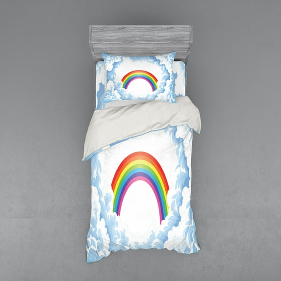Ambesonne Cartoon Bedding Set 3 Pcs, Rainbow Fluffy Clouds, Twin, Pale Blue Yellow