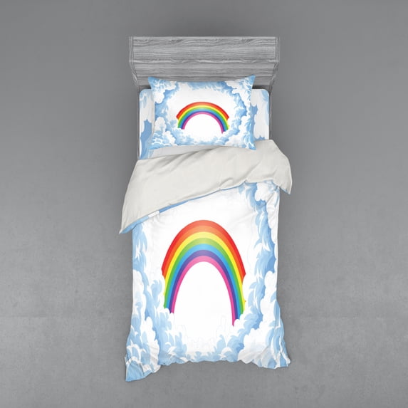 Ambesonne Cartoon Bedding Set 3 Pcs, Rainbow Fluffy Clouds, Twin XL, Pale Blue Yellow