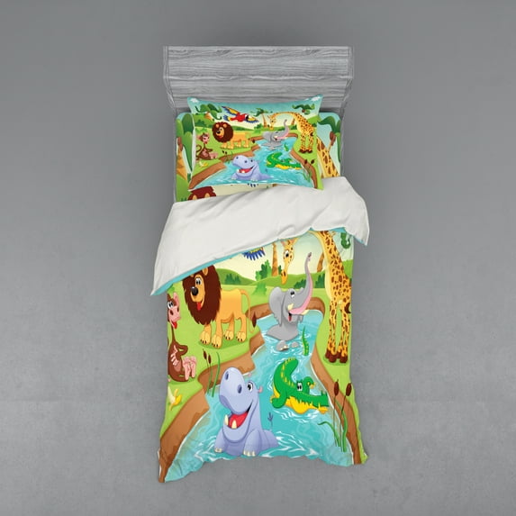 Ambesonne Cartoon Bedding Set 3 Pcs, Savannah Animals Colorful, Twin, Multicolor