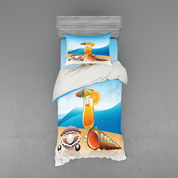 Ambesonne Cartoon Bedding Set 3 Pcs, Seascape Summer Beach, Twin, Blue Orange Purple