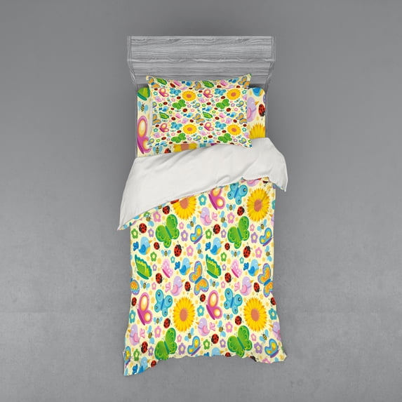 Ambesonne Cartoon Bedding Set 3 Pcs, Spring Flowers Bugs, Twin, Multicolor