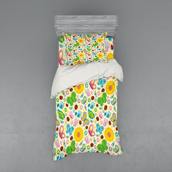 Ambesonne Cartoon Bedding Set 3 Pcs, Spring Flowers Bugs, Twin XL, Multicolor