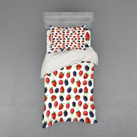 Ambesonne Cartoon Bedding Set 3 Pcs, Strawberries Raspberry, Twin XL, Plum Red