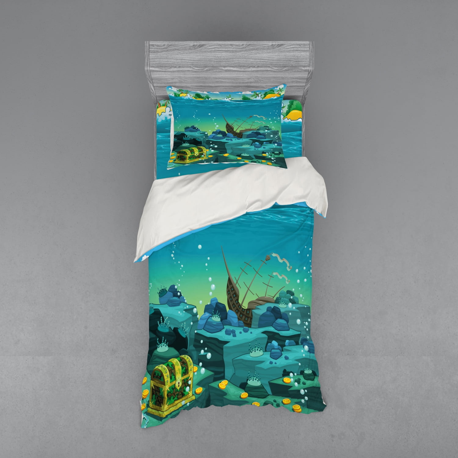 Twin Teal and Yellow Pirate Ship Kids Duvet Cover Set