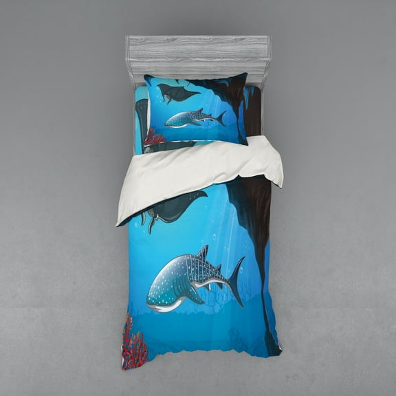 Ambesonne Cartoon Bedding Set 3 Pcs, Swimming Shark Ocean, Twin, Blue Grey