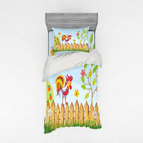 Ambesonne Cartoon Bedding Set 3 Pcs, Tree Butterfly and Flower, Twin, Multicolor